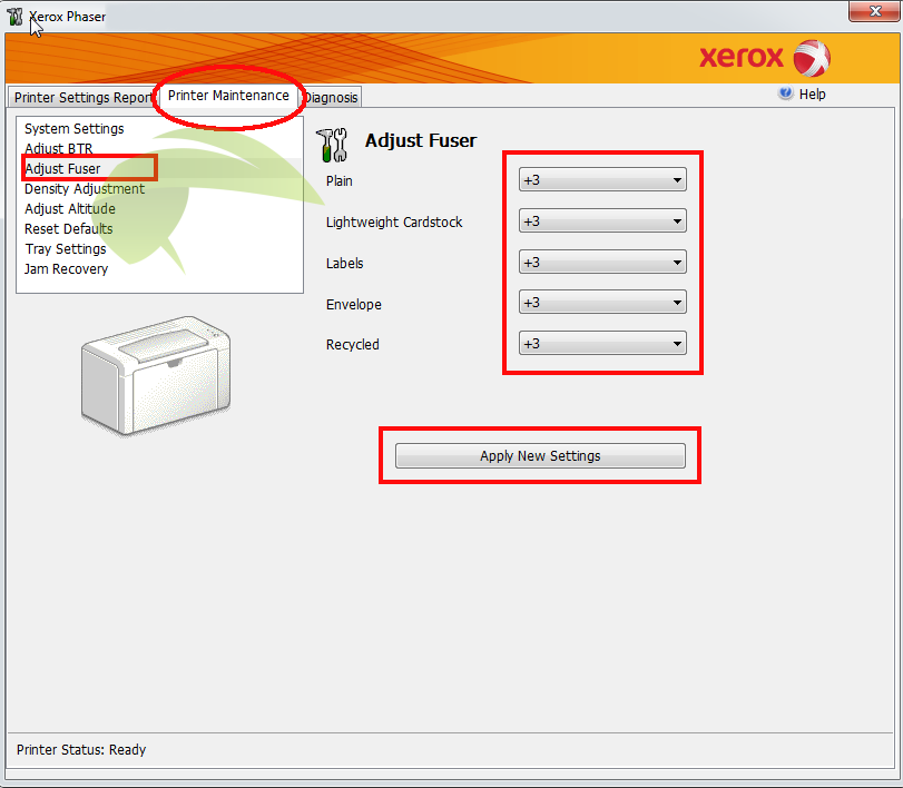 Nastavenie teploty zapekacej jednotky v tlačiarni Xerox Phaser 3010 pomocou Nástroja pre nastavenie tlačiarne.