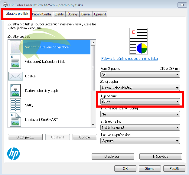 Nastavenie typu papiera v tlačiarňach HP