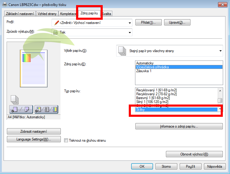 Nastavenie typu papiera v tlačiarňach Canon