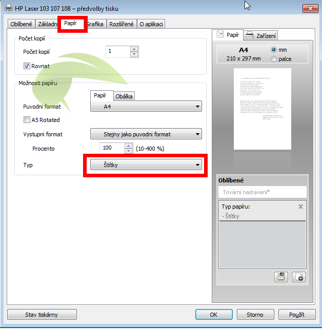 Nastavenie typu papiera v tlačiarňach Samsung/HP