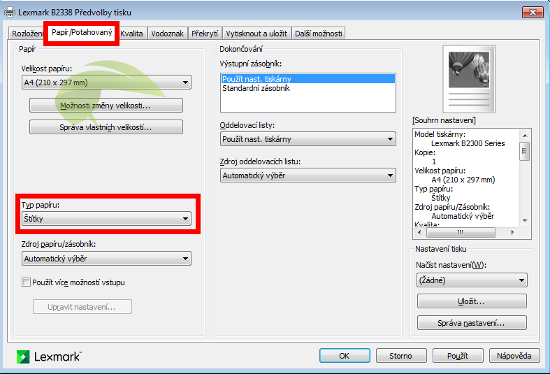 Nastavenie typu papiera v tlačiarňach Lexmark