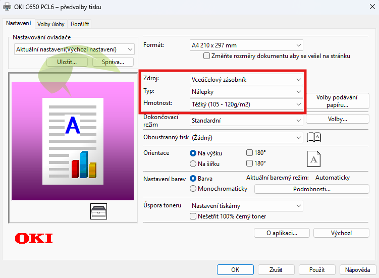 Nastavenie typu papiera v tlačiarňach OKI